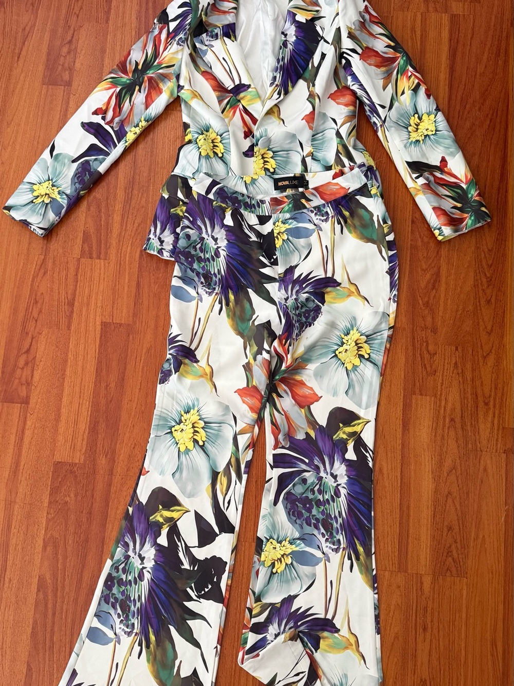 Fashion Nova Luce White Floral Boot Cut Suit with Tropical Blooms